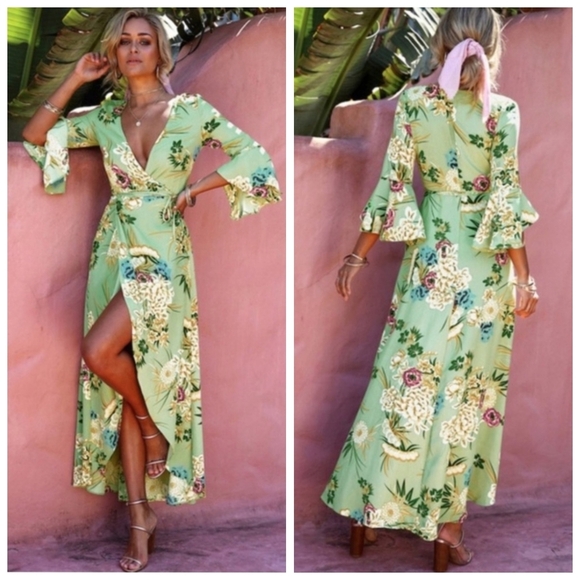 Hello Molly Dresses & Skirts - Hello Molly Maxi Wrap Dress Trumpet Sleeves Hi-low Hem Size 14 Green